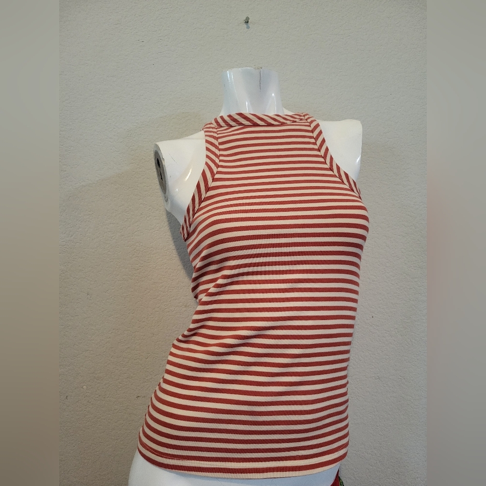 Maeve Rust and White Striped Ribbed Halter Tank